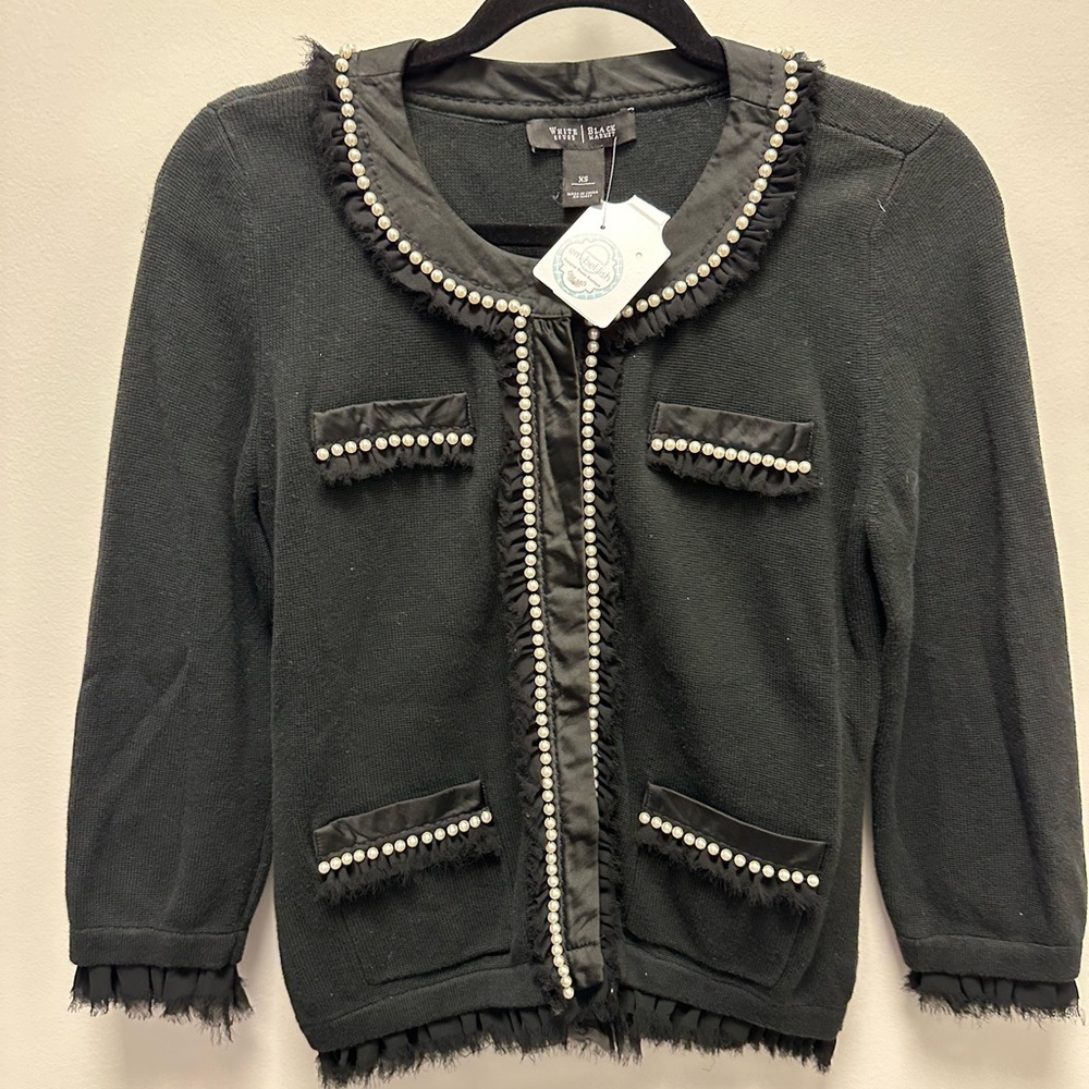 White House Black Market cardigan black with pearl embroidered size XS